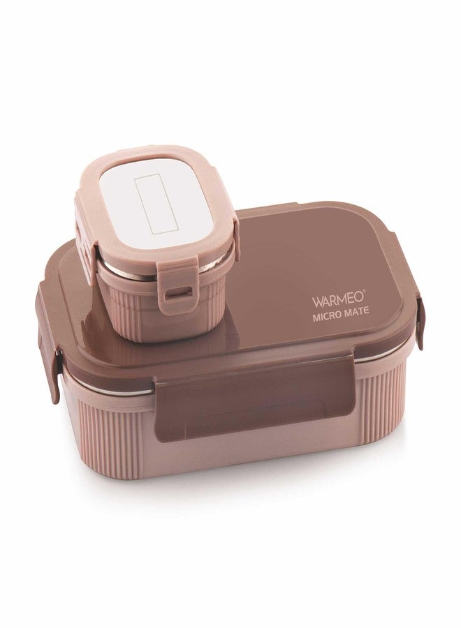 WARMEO علبة غداء وارميو مايكروميت المصنوعة من الفولاذ المقاوم للصدأ، آمنة للاستخدام في الميكروويف، وخالية من مادة BPA، مثالية للمكتب والمدرسة والسفر، عبوة مزدوجة (800 مل + 150 مل)، لون بني - Image 1